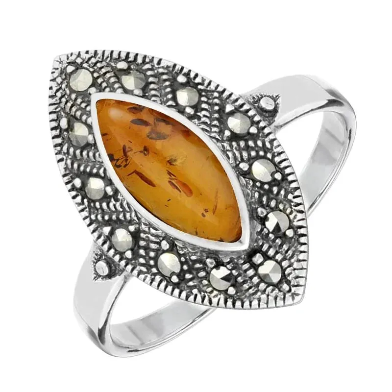 Sterling Silver Amber Marcasite Vintage Edge Marquise Ring sold by Jura Watches