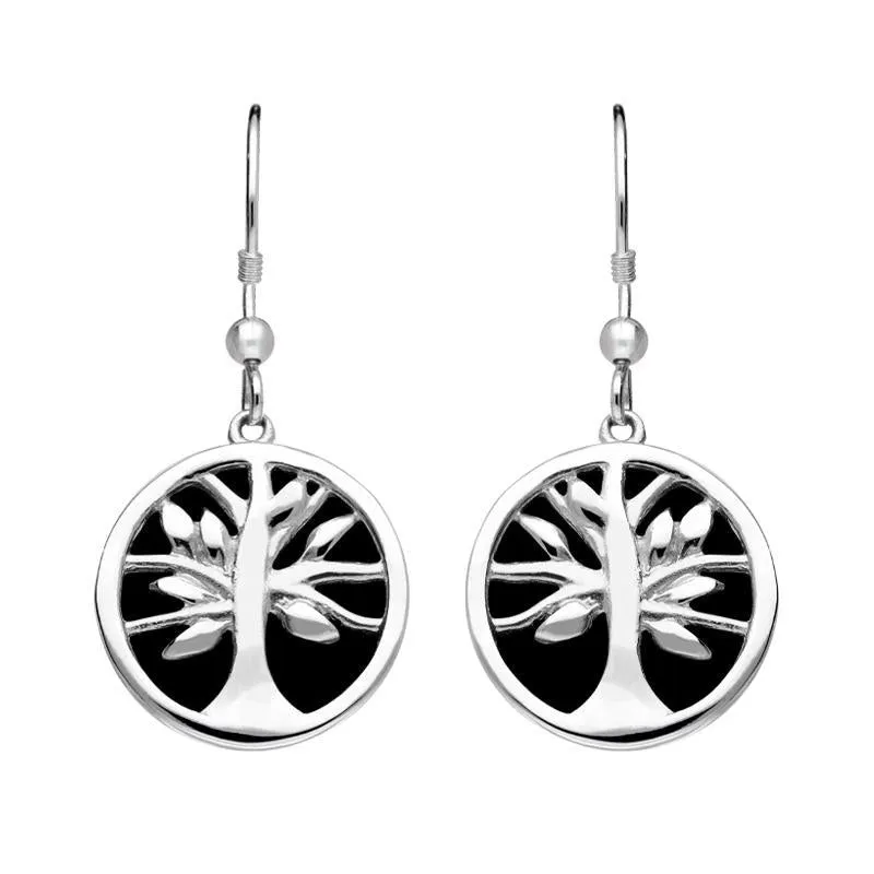 Sterling Silver Whitby Jet Round Tree of Life Drop Earrings sold by Jura Watches