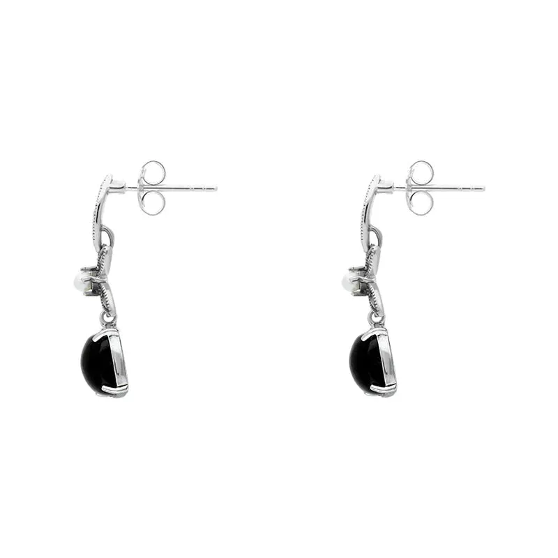 Sterling Silver Whitby Jet Pearl Marcasite Flower Drop Earrings sold by Jura Watches product image thumbnail 2