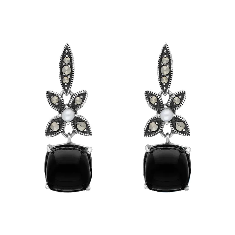 Sterling Silver Whitby Jet Pearl Marcasite Flower Drop Earrings sold by Jura Watches