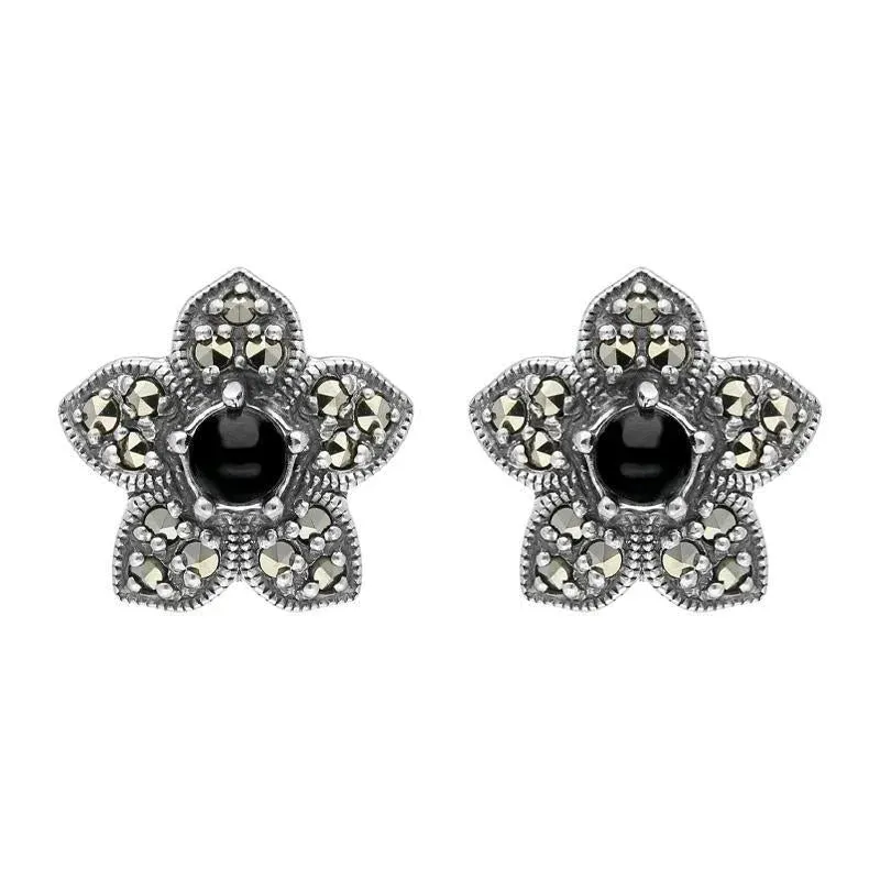 Sterling Silver Whitby Jet Marcasite Flower Stud Earrings sold by Jura Watches
