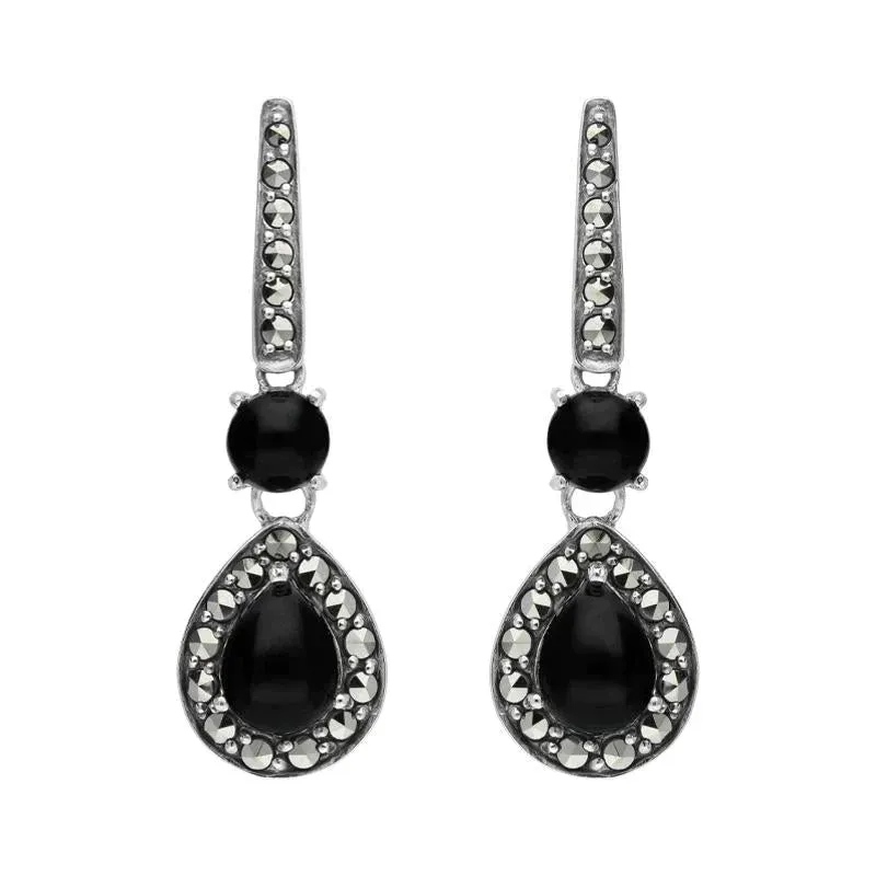 Sterling Silver Whitby Jet Marcasite Pear Drop Earrings sold by Jura Watches