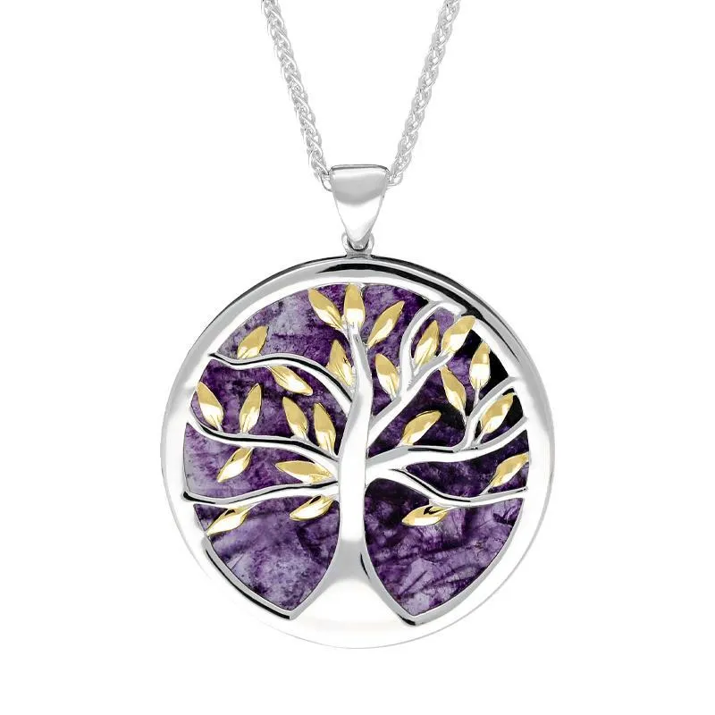 Sterling Silver Yellow Gold Plated Blue John Large Round Tree of Life Necklace sold by Jura Watches