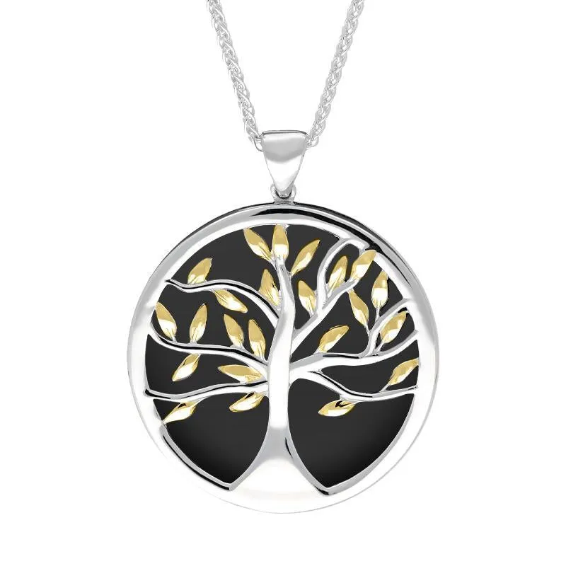 Sterling Silver Yellow Gold Plated Whitby Jet Large Round Tree of Life Necklace sold by Jura Watches