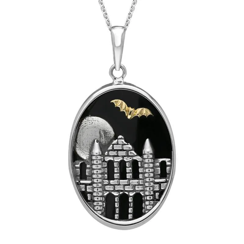 Sterling Silver Whitby Jet Abbey Moon Bat Oval Necklace sold by Jura Watches