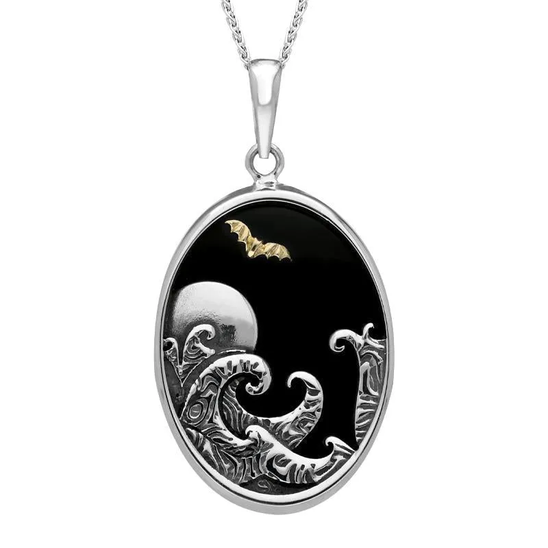 Sterling Silver Whitby Jet Moon Waves Bat Oval Necklace sold by Jura Watches