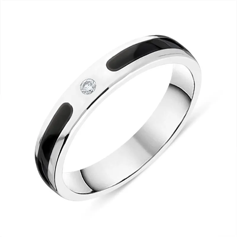 Sterling Silver Whitby Jet Diamond 4mm Patterned Wedding Band Ring sold by Jura Watches