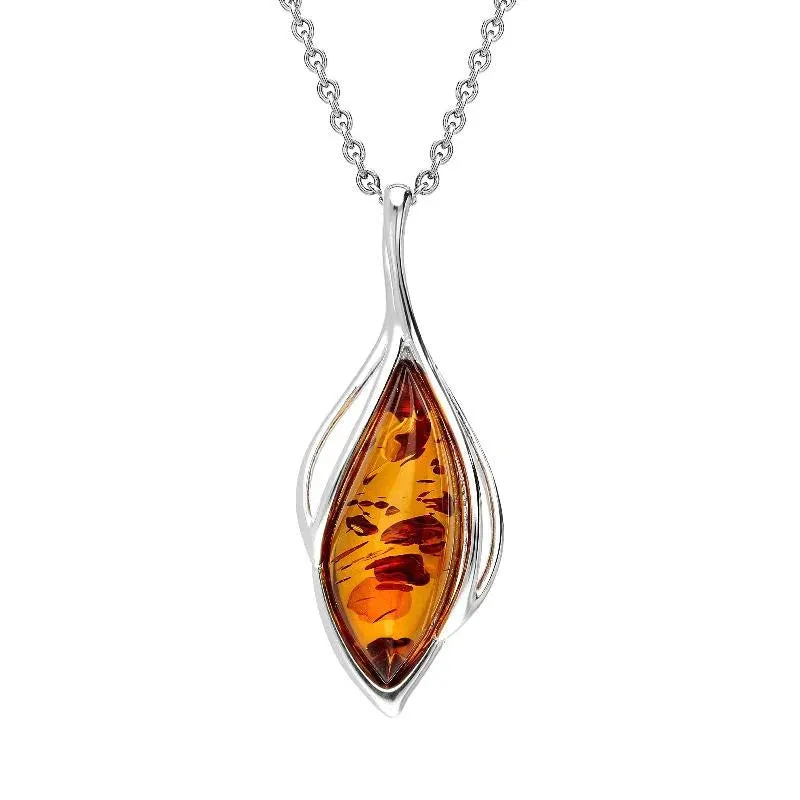 Sterling Silver Orange Amber Open Marquise Shaped Necklace sold by Jura Watches