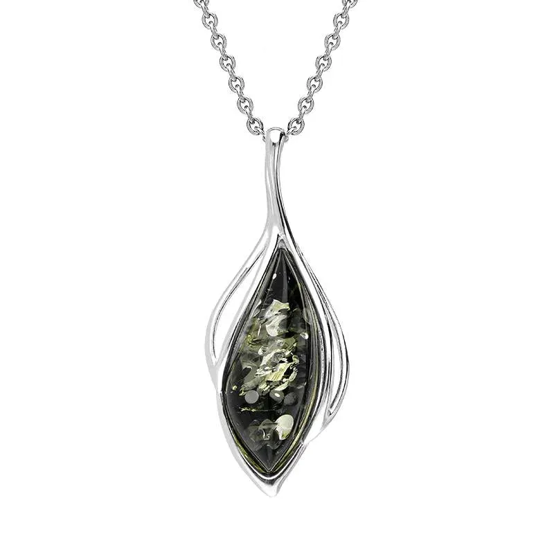 Sterling Silver Green Amber Open Marquise Shaped Necklace sold by Jura Watches