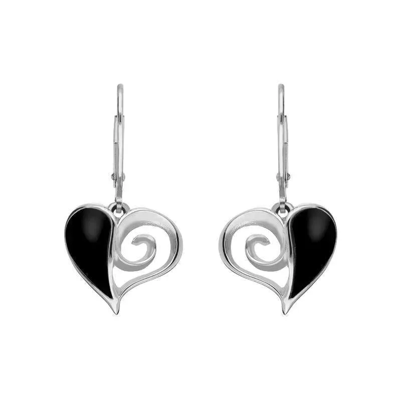 Sterling Silver Whitby Jet Swirl Heart Drop Earrings sold by Jura Watches