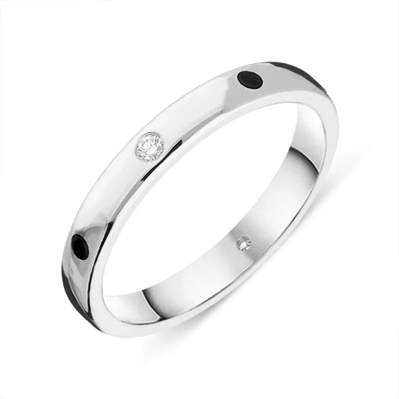18ct White Gold Whitby Jet 0.02ct Diamond 3mm Patterned Wedding Band sold by Jura Watches