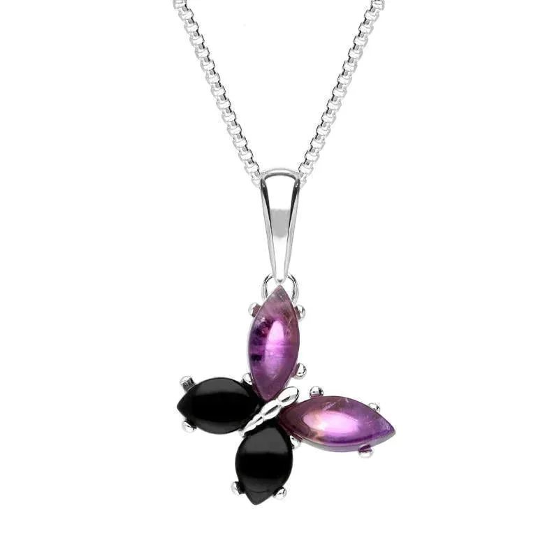 Sterling Silver Whitby Jet Amethyst Small Butterfly Necklace sold by Jura Watches