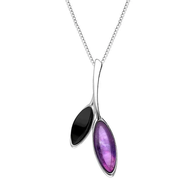 Sterling Silver Whitby Jet Amethyst Two Leaf Drop Necklace sold by Jura Watches