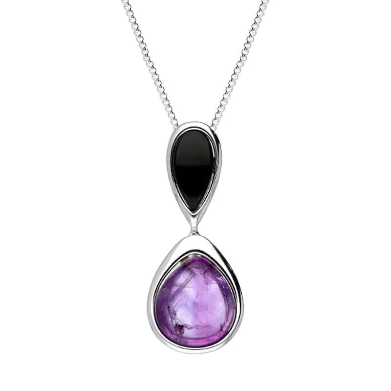 Sterling Silver Whitby Jet Amethyst Double Pear Drop Necklace sold by Jura Watches