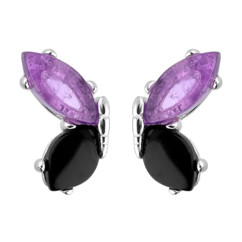 Sterling Silver Whitby Jet Amethyst Two Stone Butterfly Stud Earrings sold by Jura Watches