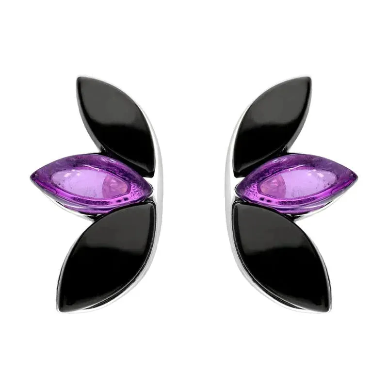 Sterling Silver Whitby Jet Amethyst Three Leaf Stud Earrings sold by Jura Watches
