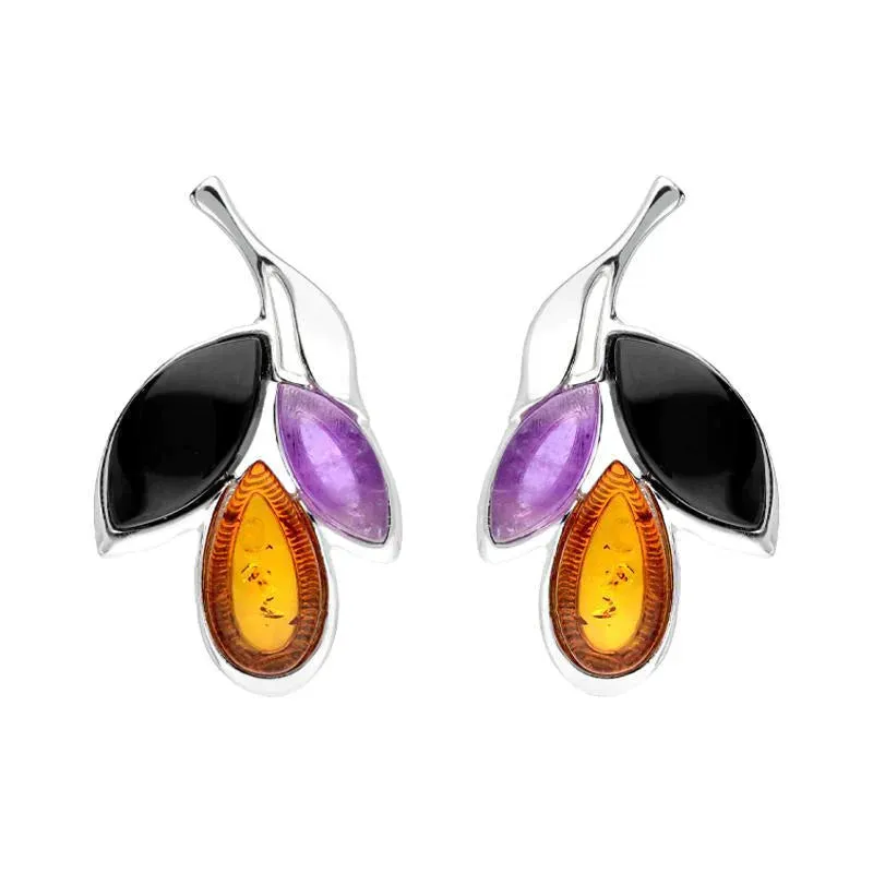 Sterling Silver Whitby Jet Amethyst Amber Three Leaf Stud Earrings sold by Jura Watches