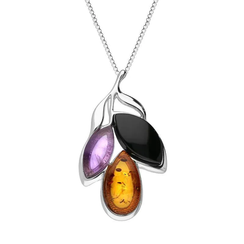 Sterling Silver Whitby Jet Amethyst Amber Three Stone Leaf Necklace sold by Jura Watches