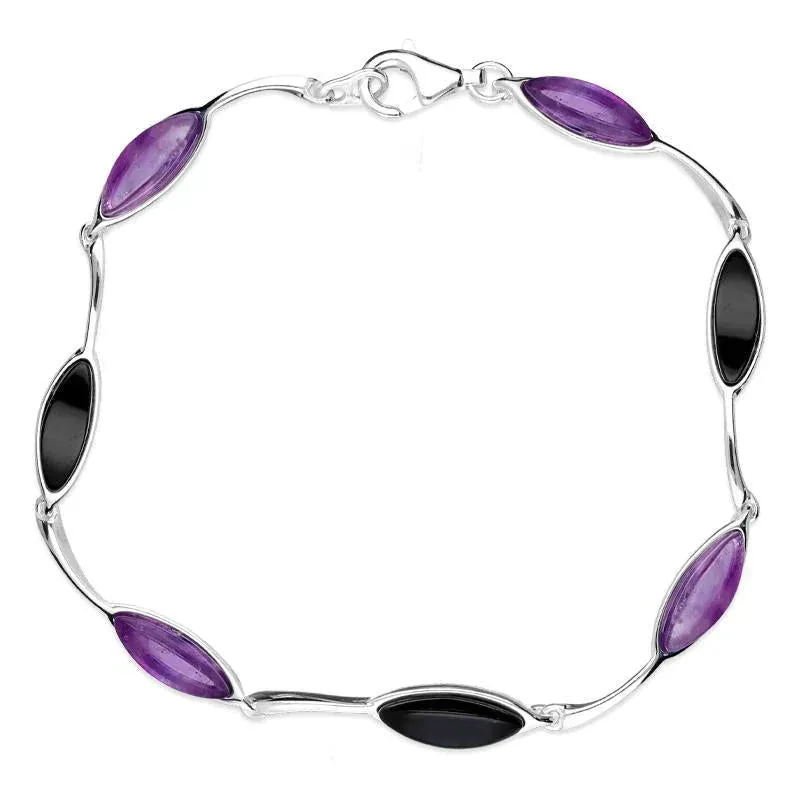Sterling Silver Whitby Jet Amethyst Seven Stone Leaf Bracelet sold by Jura Watches