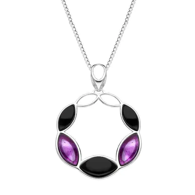 Sterling Silver Whitby Jet Amethyst Five Stone Leaf Circle Necklace sold by Jura Watches