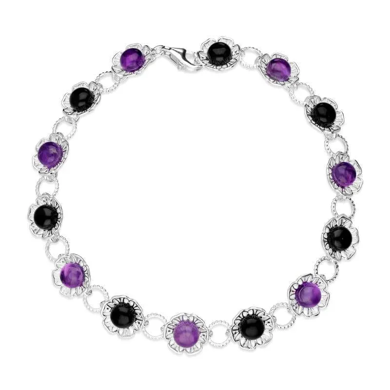 Sterling Silver Whitby Jet Amethyst Flower Bracelet sold by Jura Watches