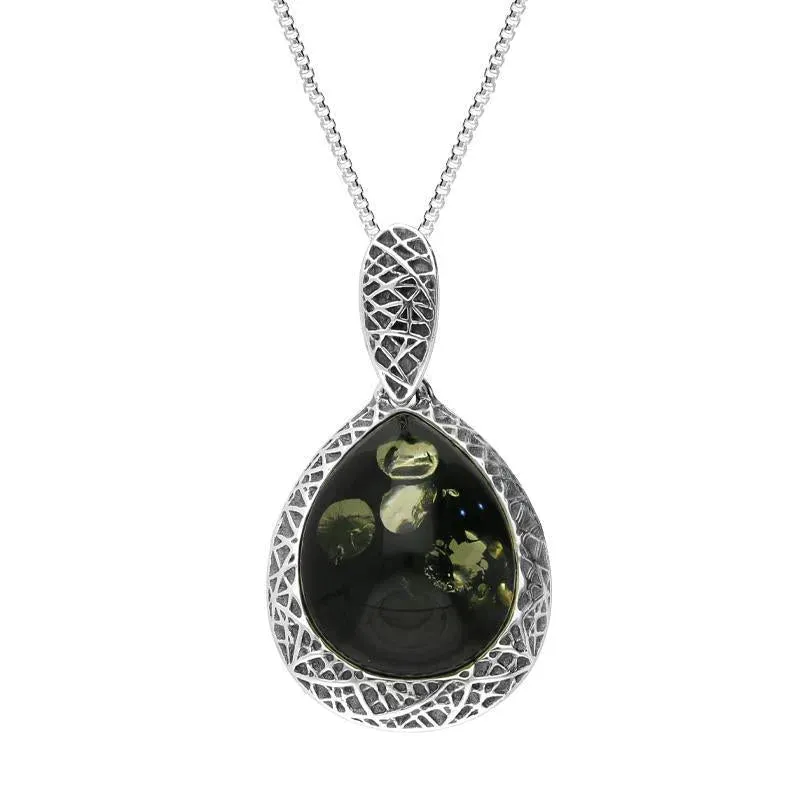 Sterling Silver Green Amber Basket Weave Edge Pear Necklace sold by Jura Watches