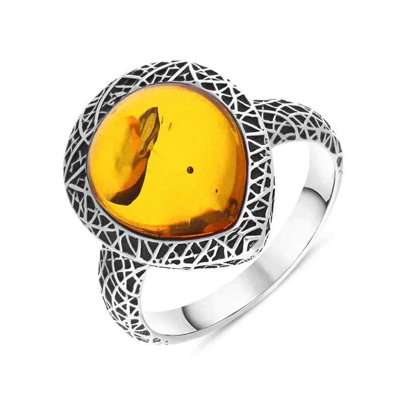 Sterling Silver Cognac Amber Basket Weave Edge Pear Ring sold by Jura Watches