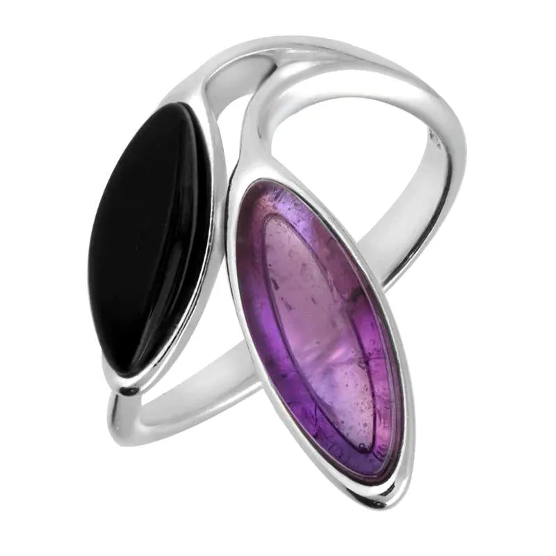 Sterling Silver Whitby Jet Amethyst Two Stone Leaf Ring sold by Jura Watches