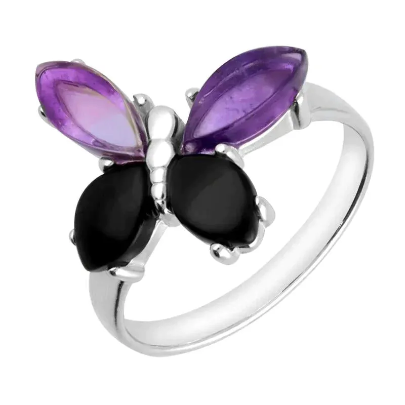Sterling Silver Whitby Jet Amethyst Small Butterfly Ring sold by Jura Watches