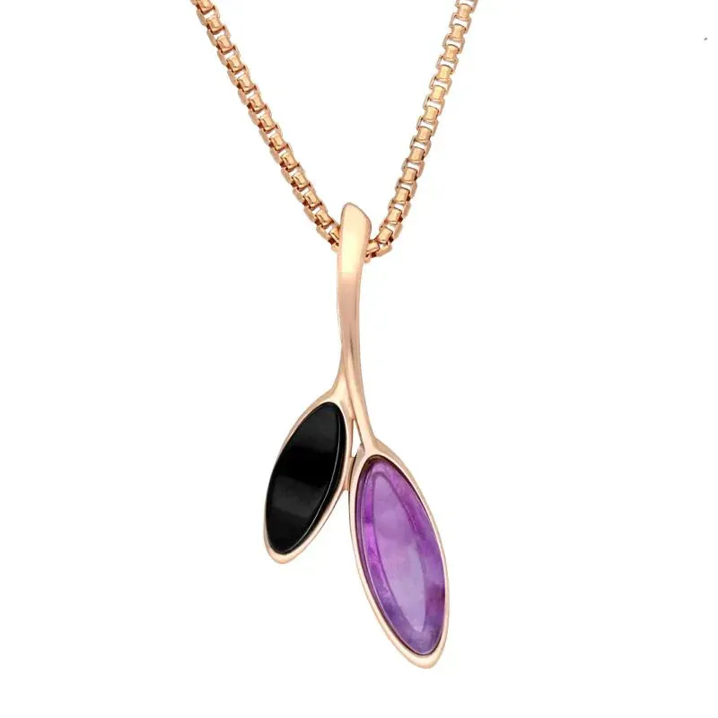 Rose Gold Plated Sterling Silver Whitby Jet Amethyst Leaf Drop Necklace sold by Jura Watches