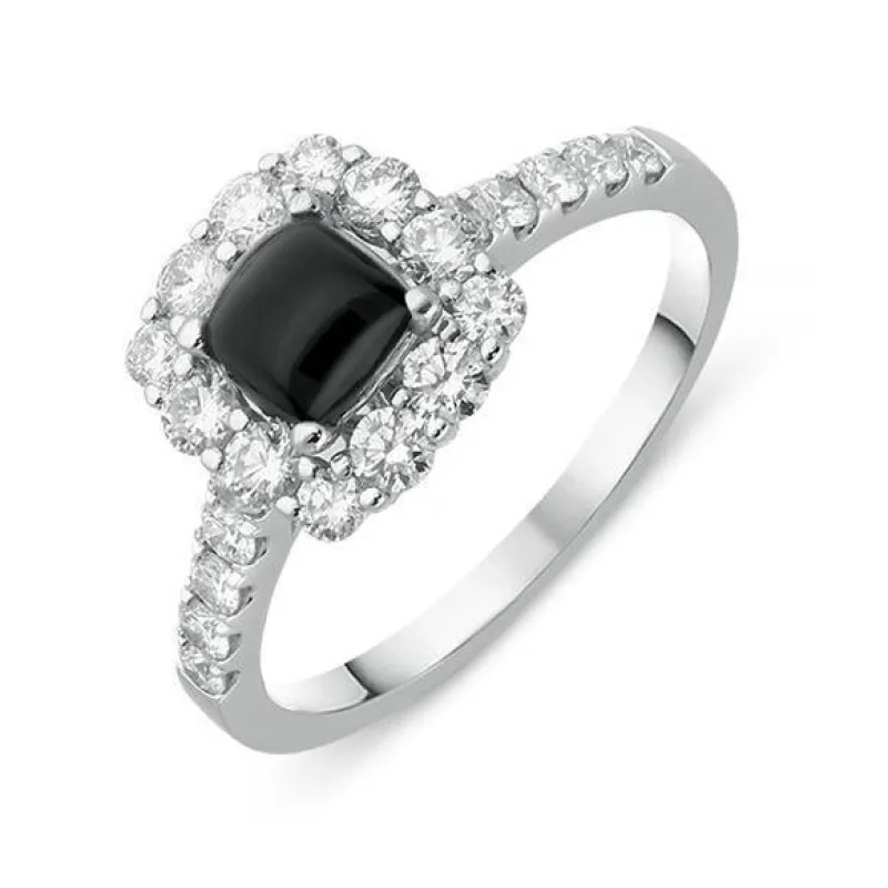 18ct White Gold Whitby Jet 0.77ct Diamond Cushion Shaped Ring made by C.W. Sellors