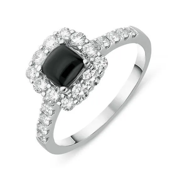 18ct White Gold Whitby Jet 0.77ct Diamond Cushion Shaped Ring sold by Jura Watches