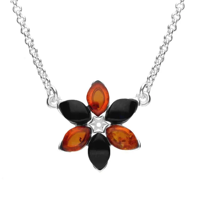 Sterling Silver Whitby Jet Amber Flower Necklace sold by Jura Watches