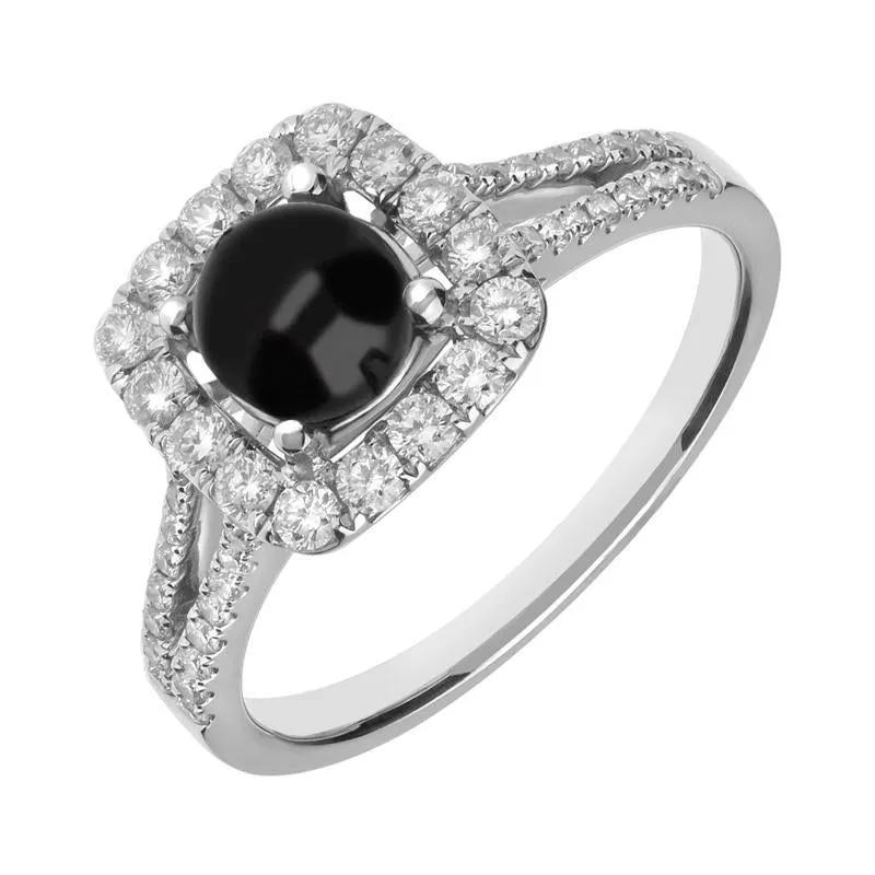 18ct White Gold Whitby Jet 0.53ct Diamond Cushion Split Shank Ring sold by Jura Watches