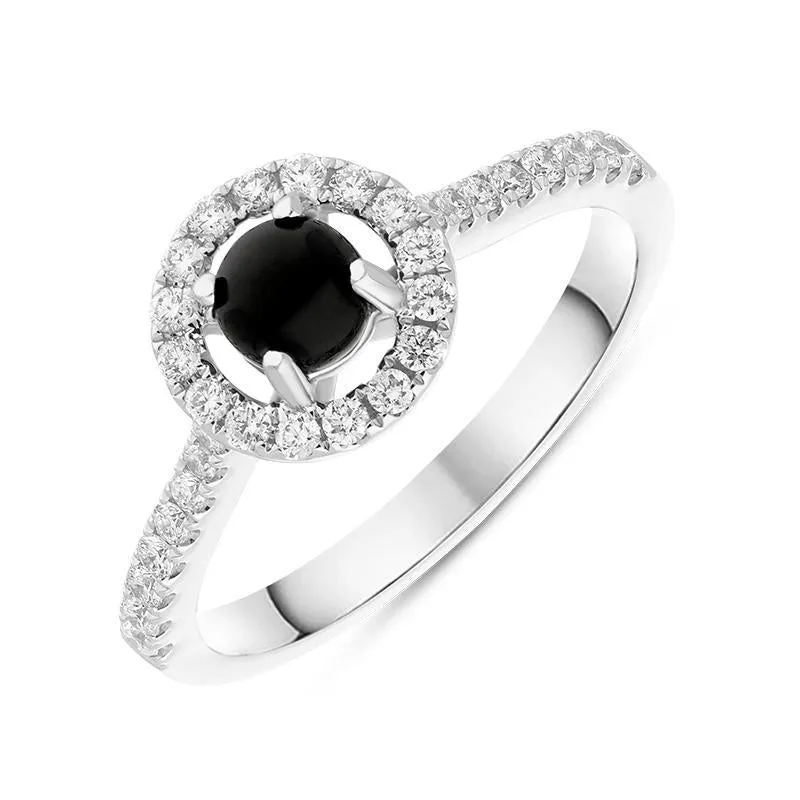 18ct White Gold Whitby Jet 0.33ct Diamond Round Halo Ring sold by Jura Watches