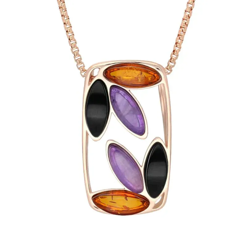 Rose Gold Plated Sterling Silver Whitby Jet Amber Amethyst Six Stone Necklace sold by Jura Watches
