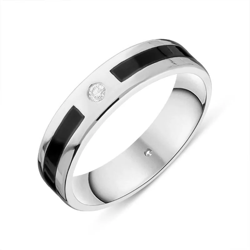 18ct White Gold Whitby Jet Diamond 5mm Patterned Wedding Band Ring sold by Jura Watches