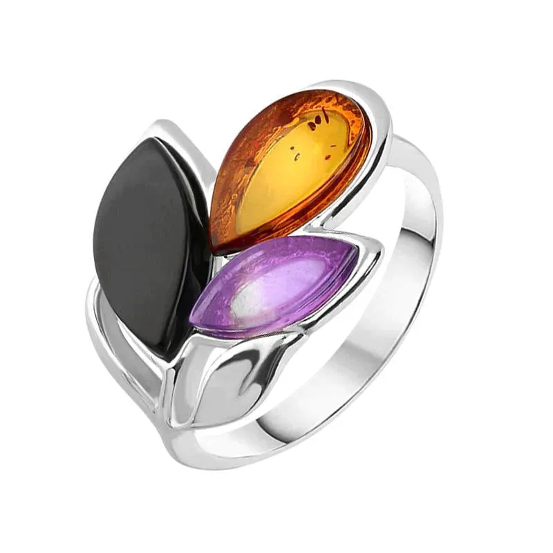 Sterling Silver Whitby Jet Amethyst Amber Three Stone Leaf Ring sold by Jura Watches