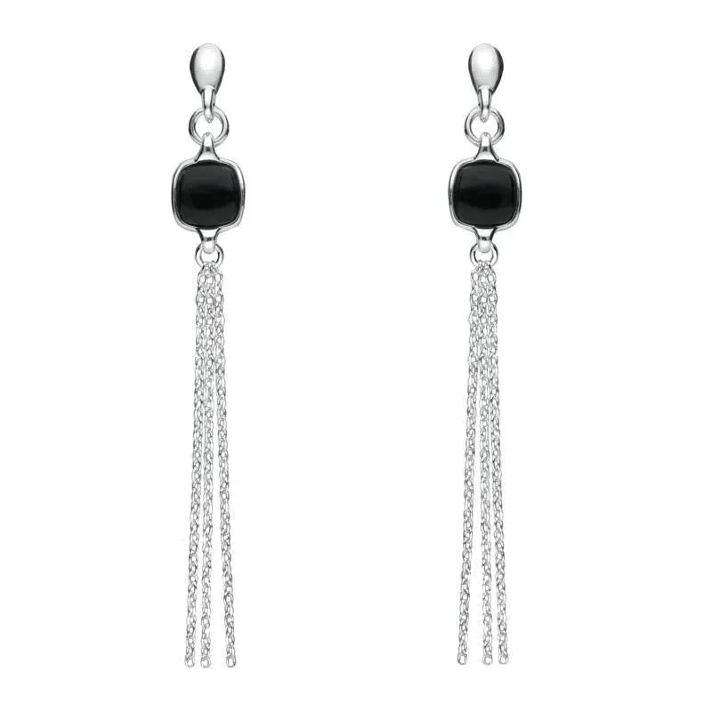 Sterling Silver Whitby Jet Square Chain Drop Earrings sold by Jura Watches