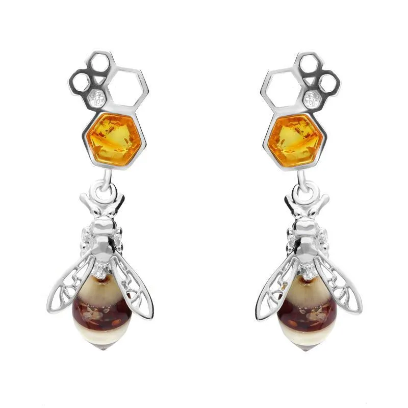 Sterling Silver Amber Bee Honeycomb Drop Earrings sold by Jura Watches