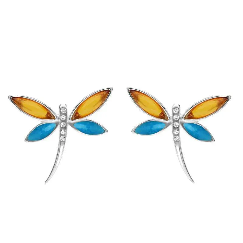 Sterling Silver Amber Turquoise Cubic Zirconia Dragonfly Drop Earrings sold by Jura Watches