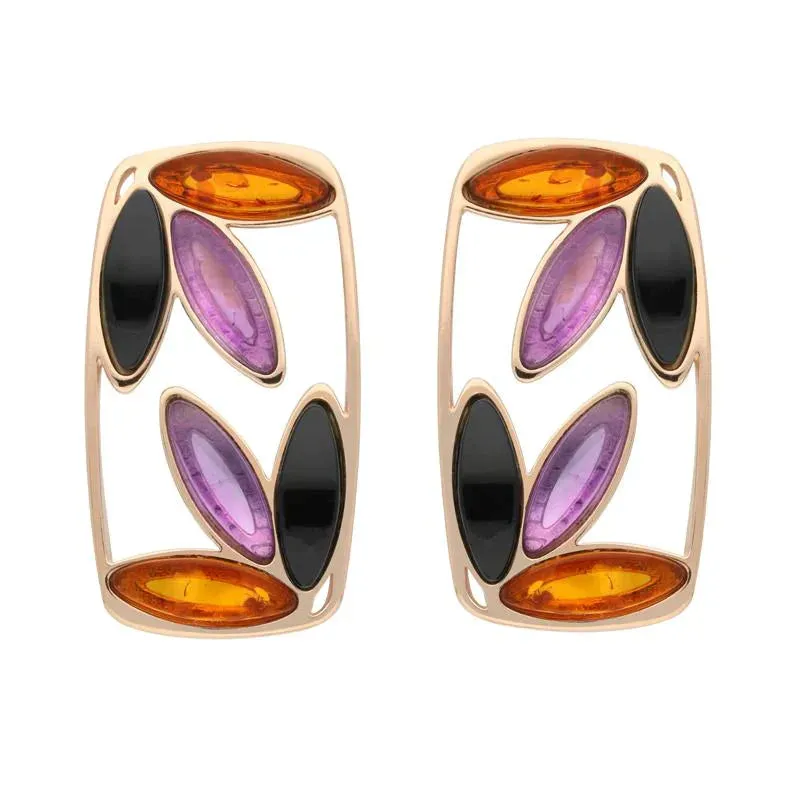 Rose Gold Plated Sterling Silver Whitby Jet Amber Amethyst Six Stone Earrings sold by Jura Watches