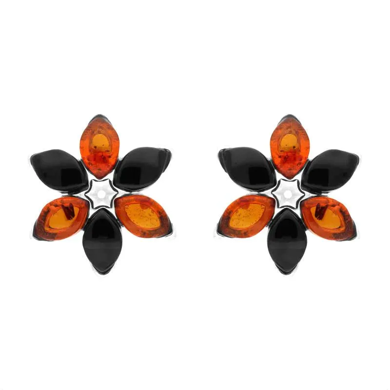 Sterling Silver Whitby Jet Amber Flower Stud Earrings sold by Jura Watches