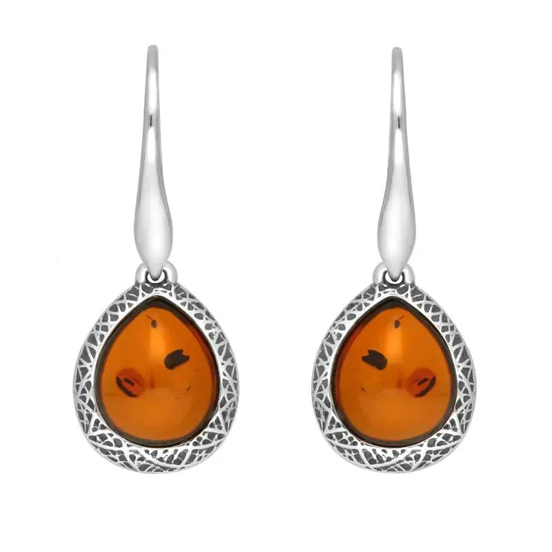 Sterling Silver Cognac Amber Basket Weave Edge Pear Hook Earrings sold by Jura Watches
