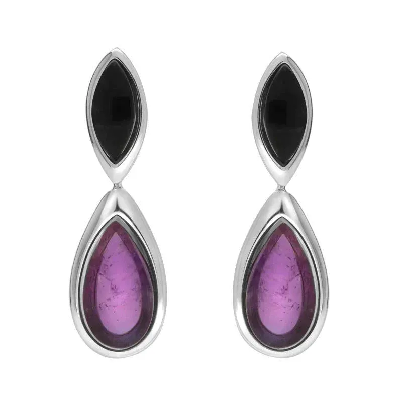 Sterling Silver Whitby Jet Amethyst Two Stone Marquise Pear Drop Earrings sold by Jura Watches