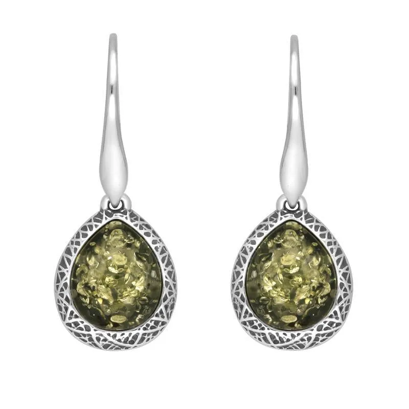 Sterling Silver Green Amber Basket Weave Edge Pear Hook Earrings sold by Jura Watches