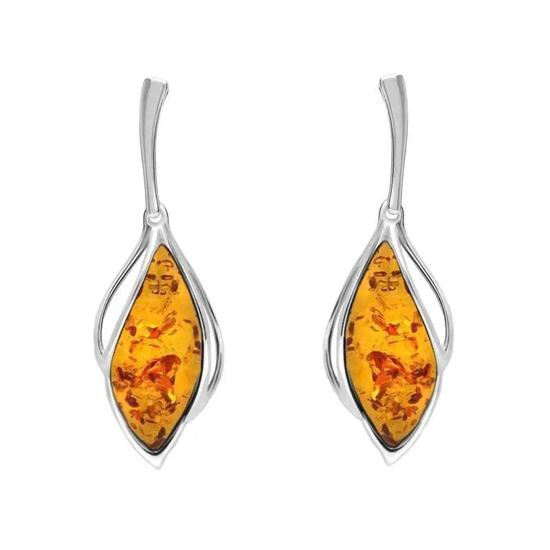 Sterling Silver Orange Amber Open Marquise Drop Earrings sold by Jura Watches