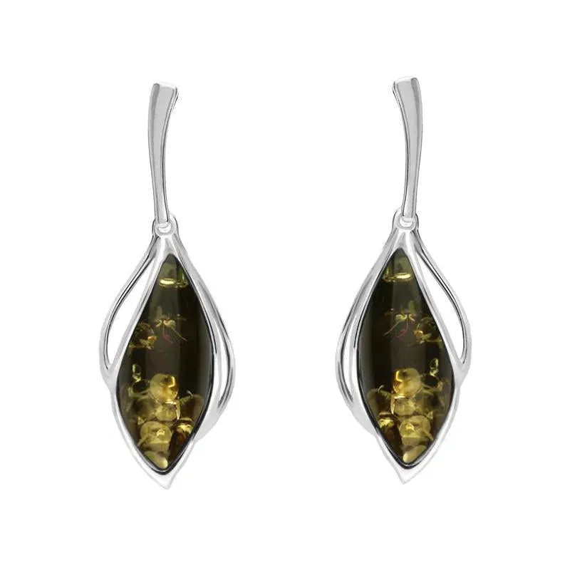 Sterling Silver Green Amber Open Marquise Drop Earrings sold by Jura Watches