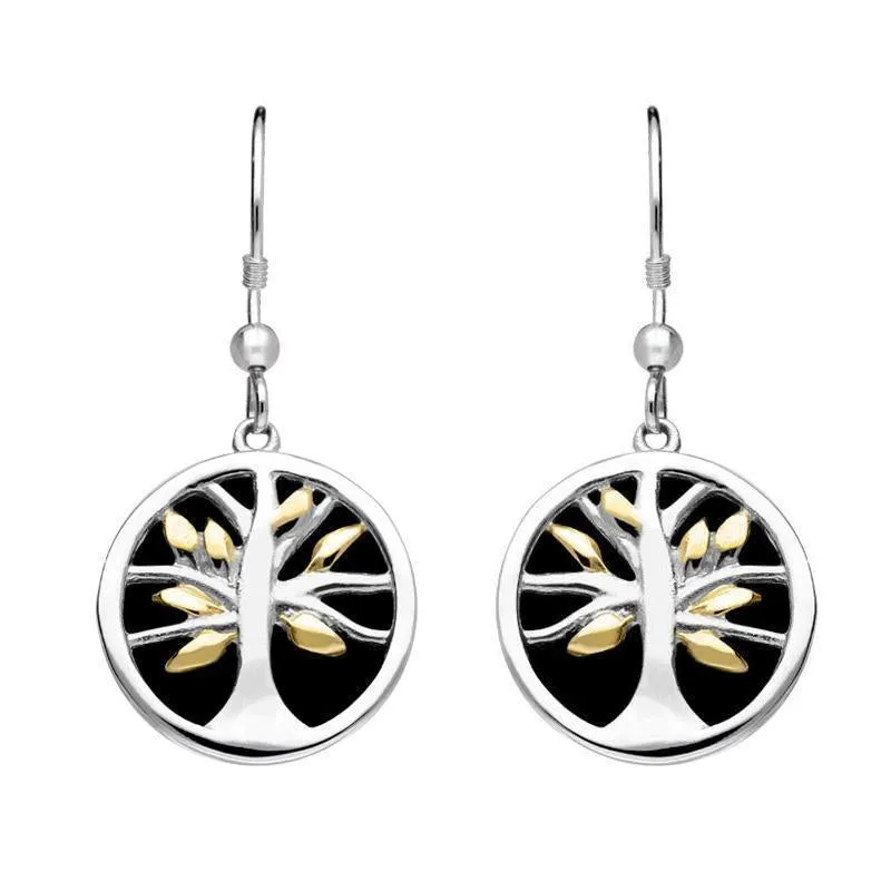 Sterling Silver Yellow Gold Plate Whitby Jet Round Tree of Life Drop Earrings sold by Jura Watches