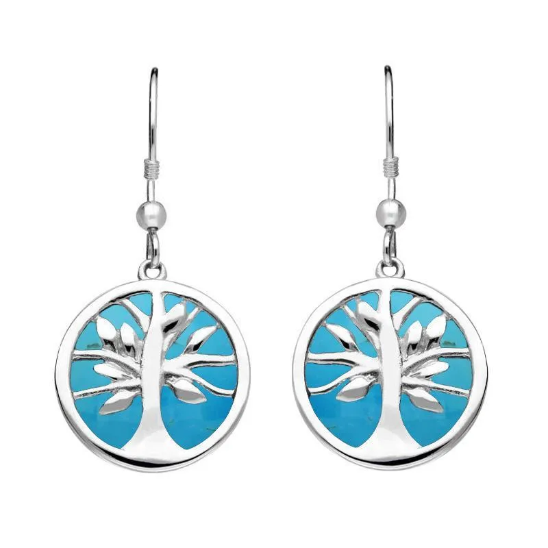 Sterling Silver Turquoise Round Tree of Life Drop Earrings sold by Jura Watches